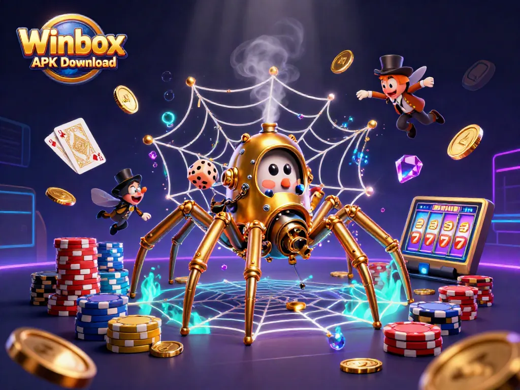 Engage with Winbox APK Download, featuring a vivid 3D casino scene bursting with action and treasures.