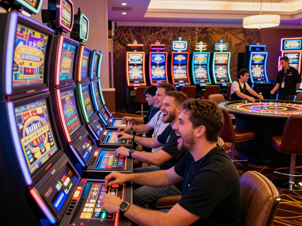 Lucky777 players enjoying a vibrant casino atmosphere with slot machines and lively energy.