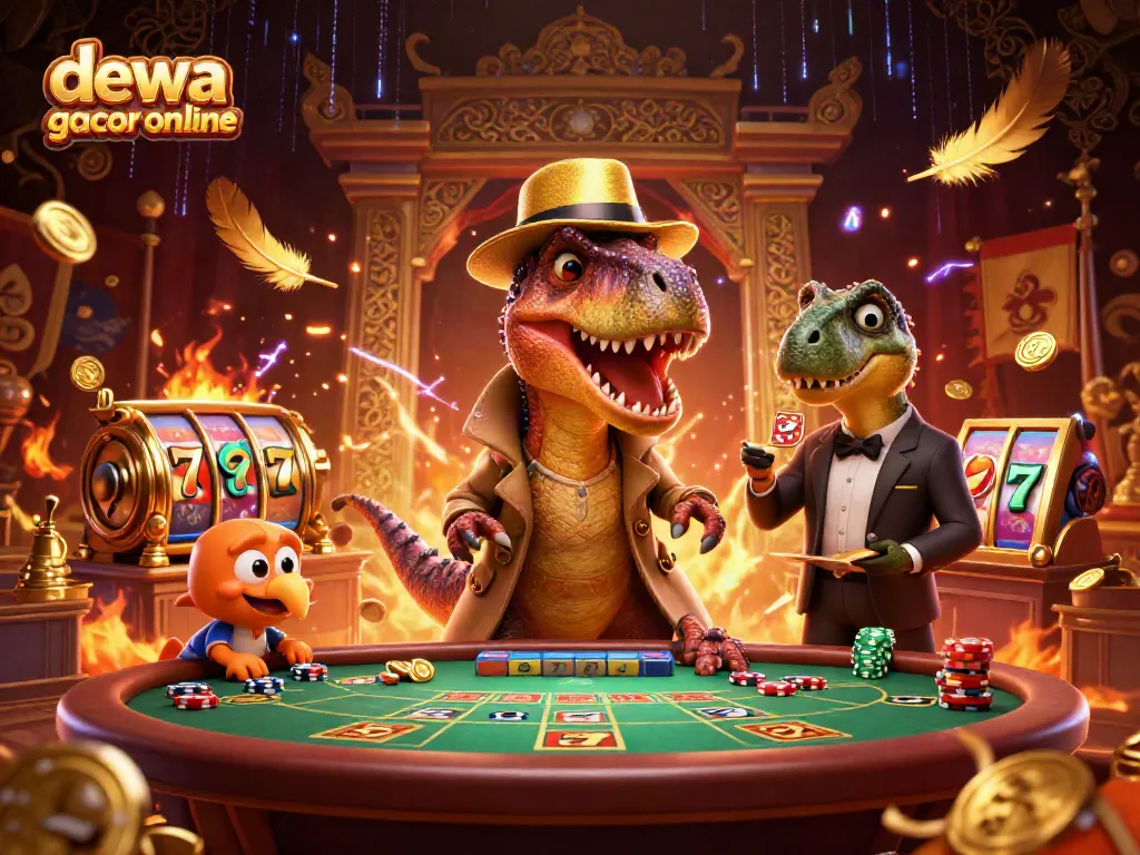 Jelajahi dewa slot gacor online dengan ilustrasi kasino 3D, menampilkan karakter unik dan elemen slot yang menarik.