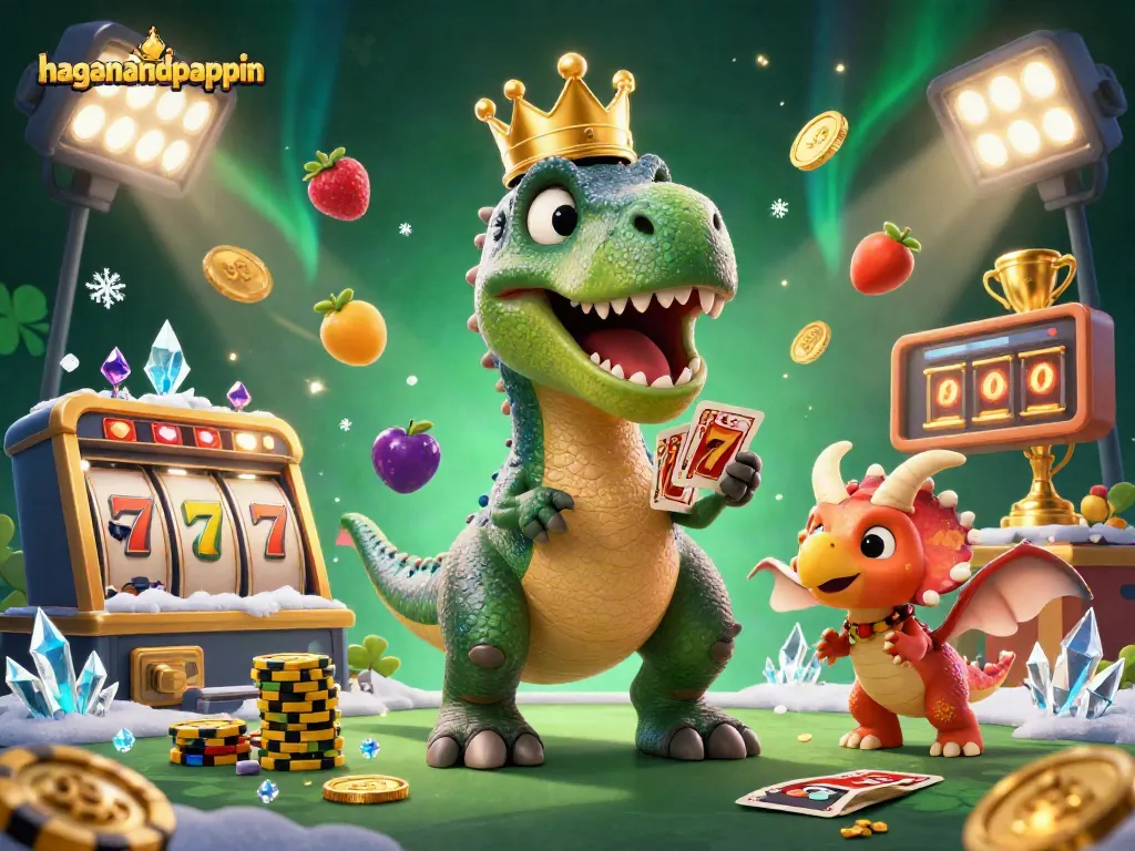 Watch the T-Rex deal cards in the vibrant haganandpappin casino realm with thrilling slot elements.
