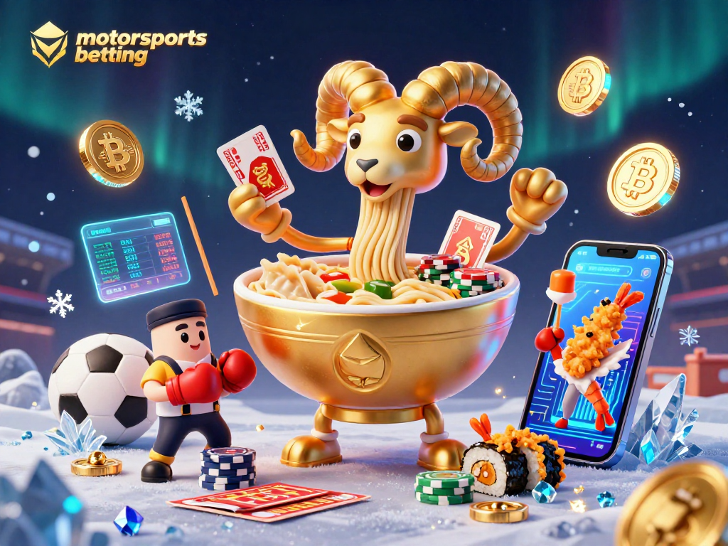 Engage in thrilling motorsports betting with a vibrant scene of animated characters and crypto elements.