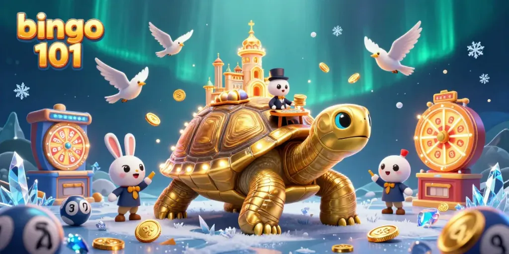 Experience the excitement of bingo 101 with a dynamic scene featuring a golden tortoise and flying coins.