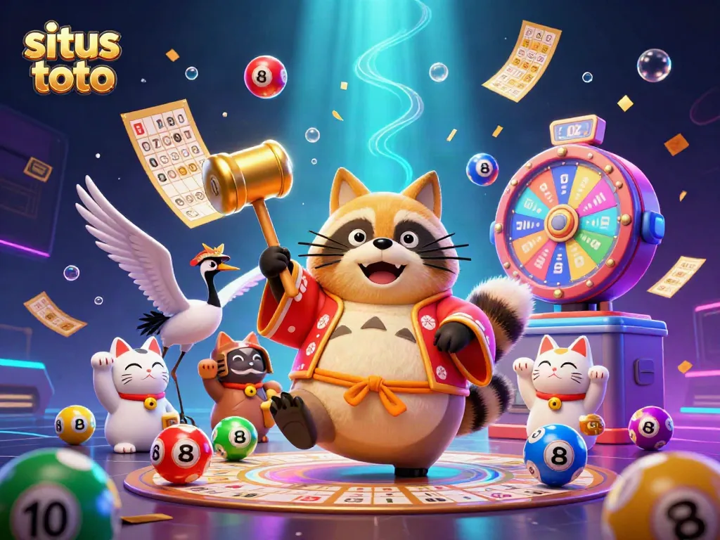 Permainan yang seru di situs toto dengan palu emas dan kucing fortuna dalam suasana ceria.