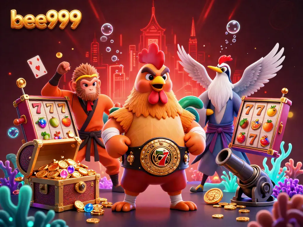 Experience excitement with bee999's vibrant 3D casino scene featuring gambling symbols and martial arts characters.