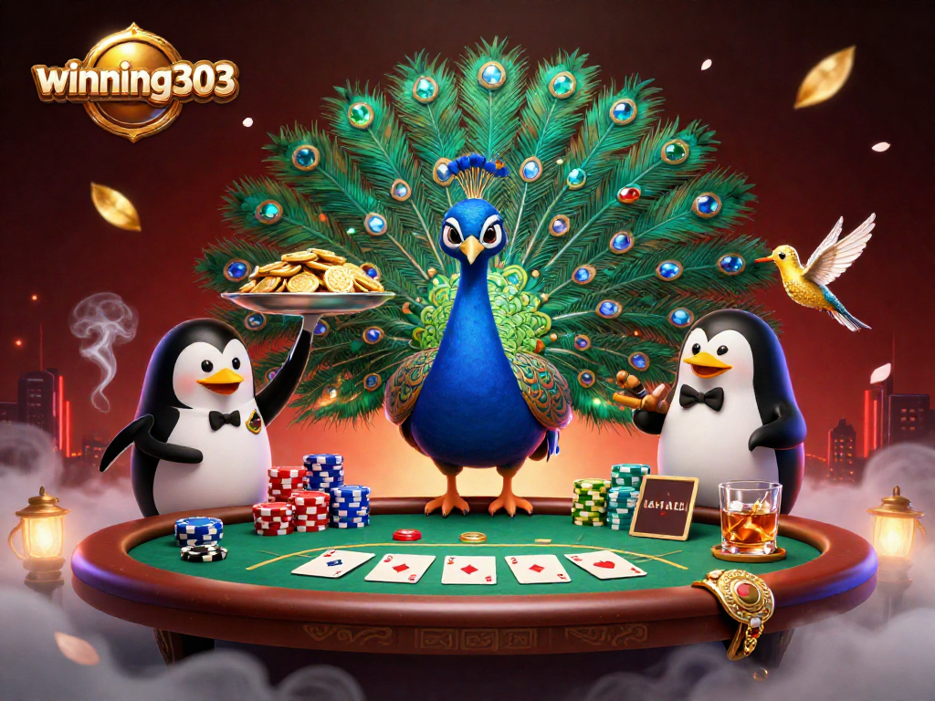 Winning303 showcases a vibrant casino scene with a peacock, a butler penguin, and chips flying around.