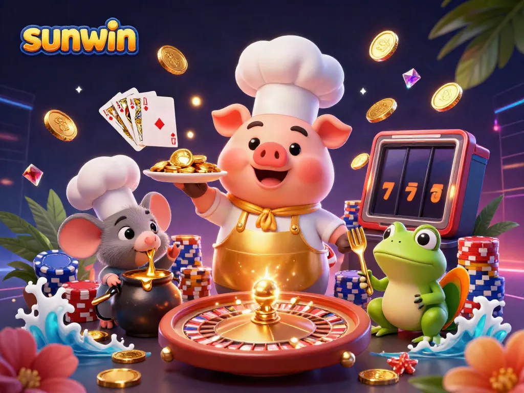 Experience the vibrant fun of sunwin with a gourmet pig chef serving gold coins in a lively casino atmosphere.