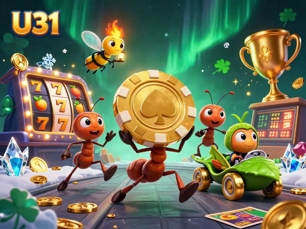 Engage with U31's dynamic casino experience featuring ants carrying a golden poker chip amidst vibrant slot symbols.