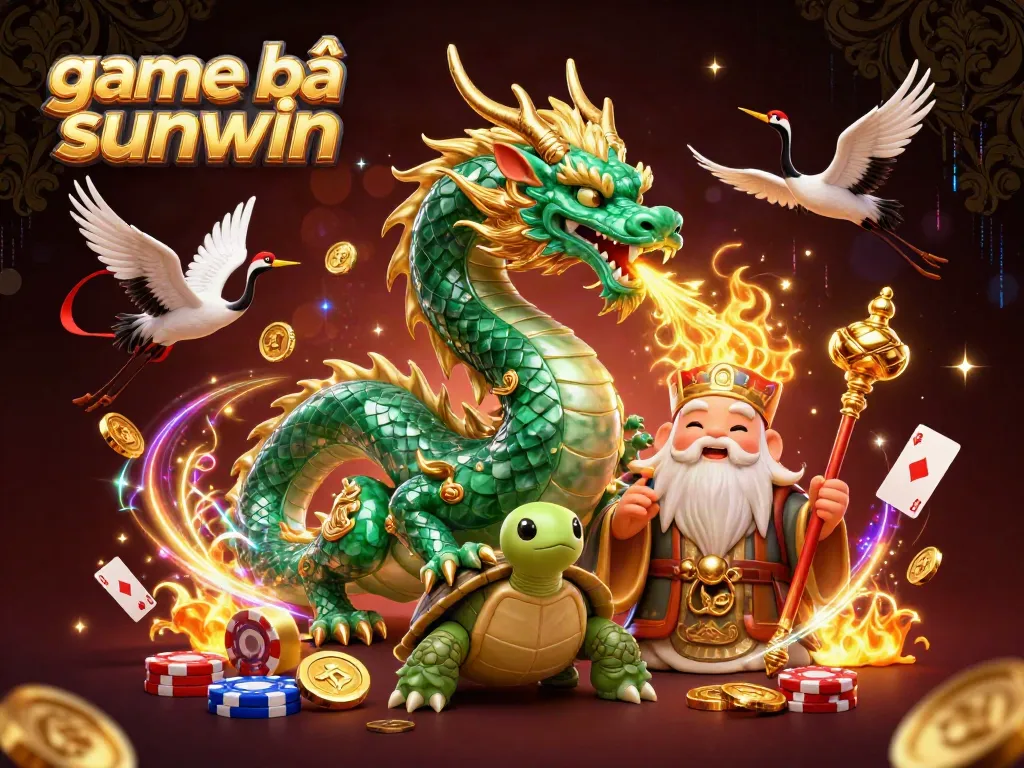 Experience the thrill of game bài sunwin with a dragon, turtle sage, and lucky cranes surrounded by vibrant casino elements.