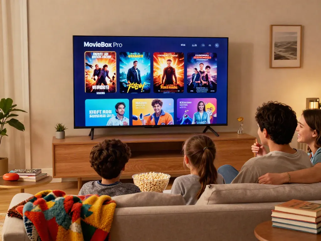 Family using the MovieBox Pro app official website on a smart TV in a cozy living room