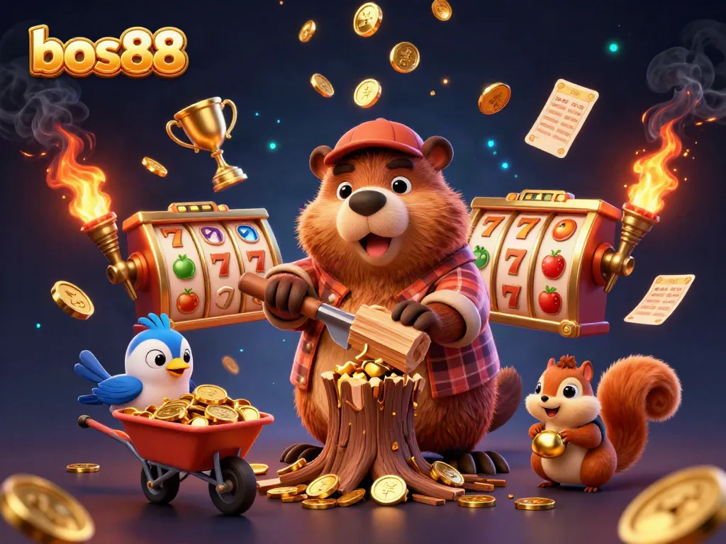 Spin slots and win big with bos88 in a vibrant casino-themed 3D illustration featuring animated characters.