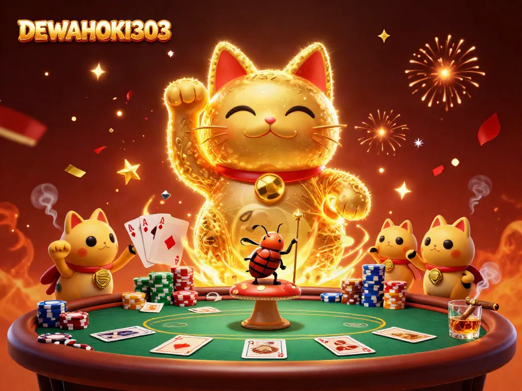 DEWAHOKI303 menangkap momen permainan slot online dengan karakter unik dan elemen kasino mencolok.