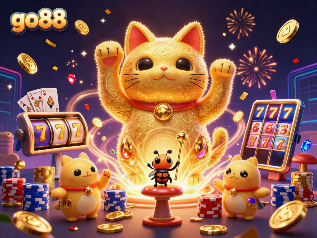 Join the excitement at go88 with a lucky cat and shimmering casino symbols in action!