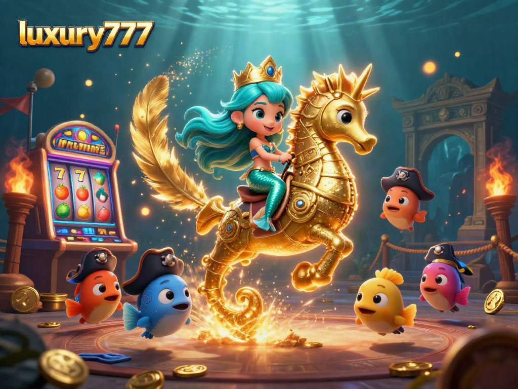 Permainan menarik luxury777 dengan putaran slot, putri duyung dan seahorse berkilau.