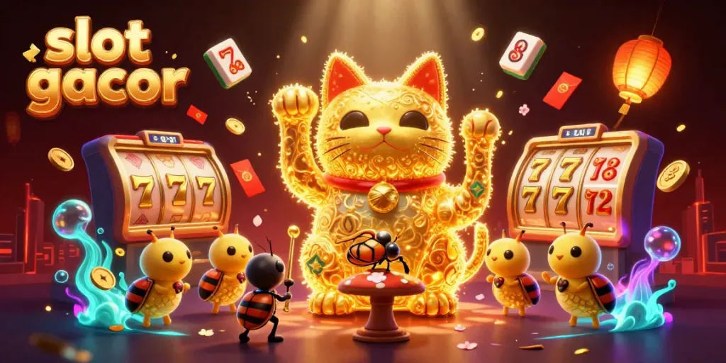 Gambarlah slot gacor dengan simbol kasino yang bersinar dan keberuntungan melimpah.