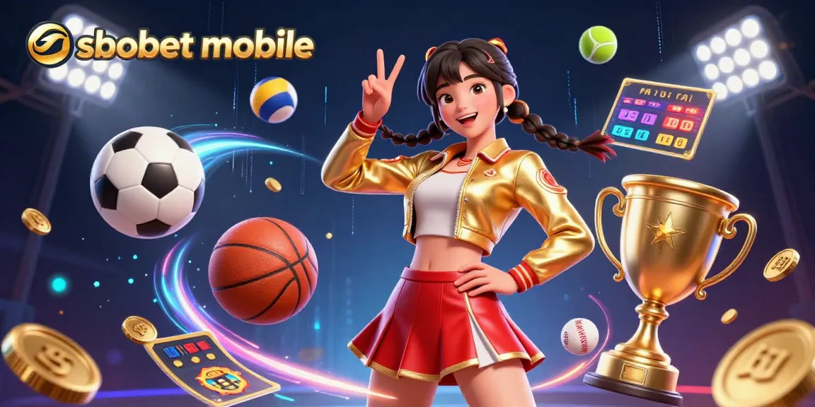 Experience sbobet mobile with vibrant sports betting action featuring a joyful Asian woman and dynamic elements.