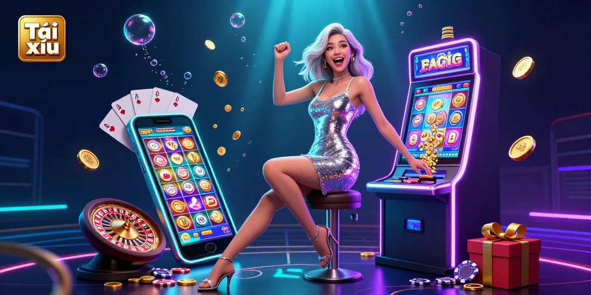 Experience Tài xỉu excitement with a gorgeous Asian woman in a dazzling casino scene filled with jackpot thrills and colorful games.