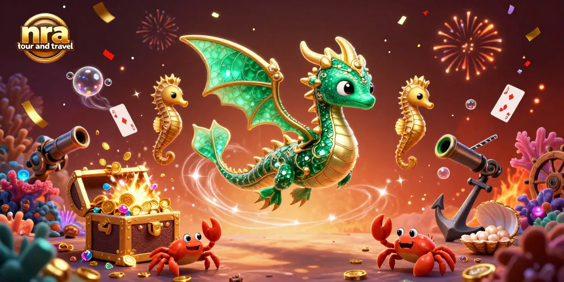 Experience the thrill with nra tour and travel, featuring an emerald sea dragon and treasure chest.