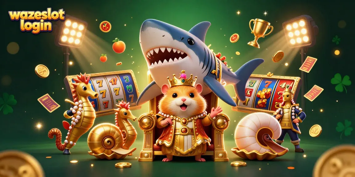 Win with wazeslot login featuring a golden hamster king amidst jackpot elements in vibrant 3D illustration.