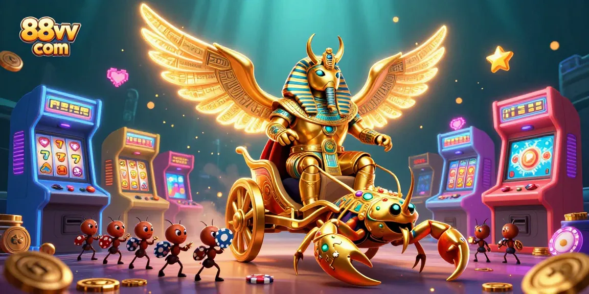 Engage with exciting games at 88vv com, featuring a dazzling golden scarab beetle in a vibrant casino adventure.