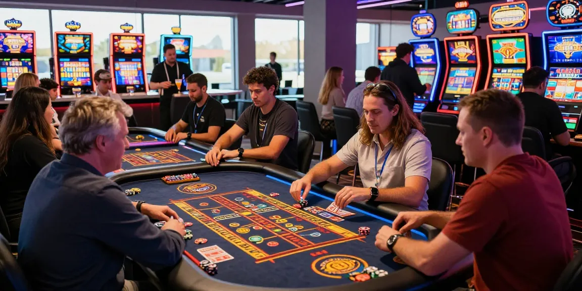 Top Online-Casinos im Vereinigten Königreich: Spieler an einem Roulette-Tisch in einem modernen Casino mit lebhaften Lichtern.