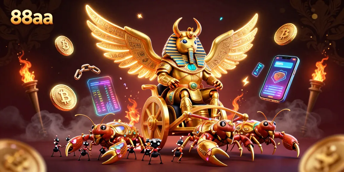 Engage in thrilling games at 88aa casino with golden beetles and scorpions amid vibrant crypto elements.