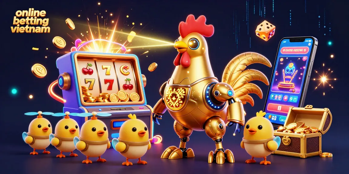 Experience online betting Vietnam with a vibrant casino scene featuring a golden rooster robot and dynamic gaming elements.