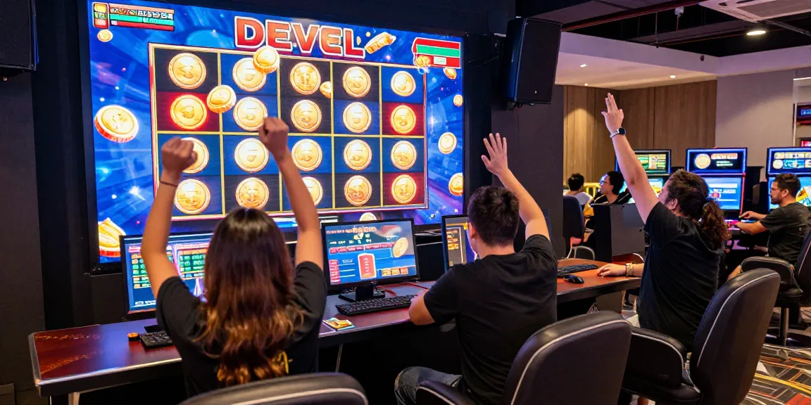 Para pemain merayakan kemenangan slot jackpot di kasino online Dewa123 yang penuh warna